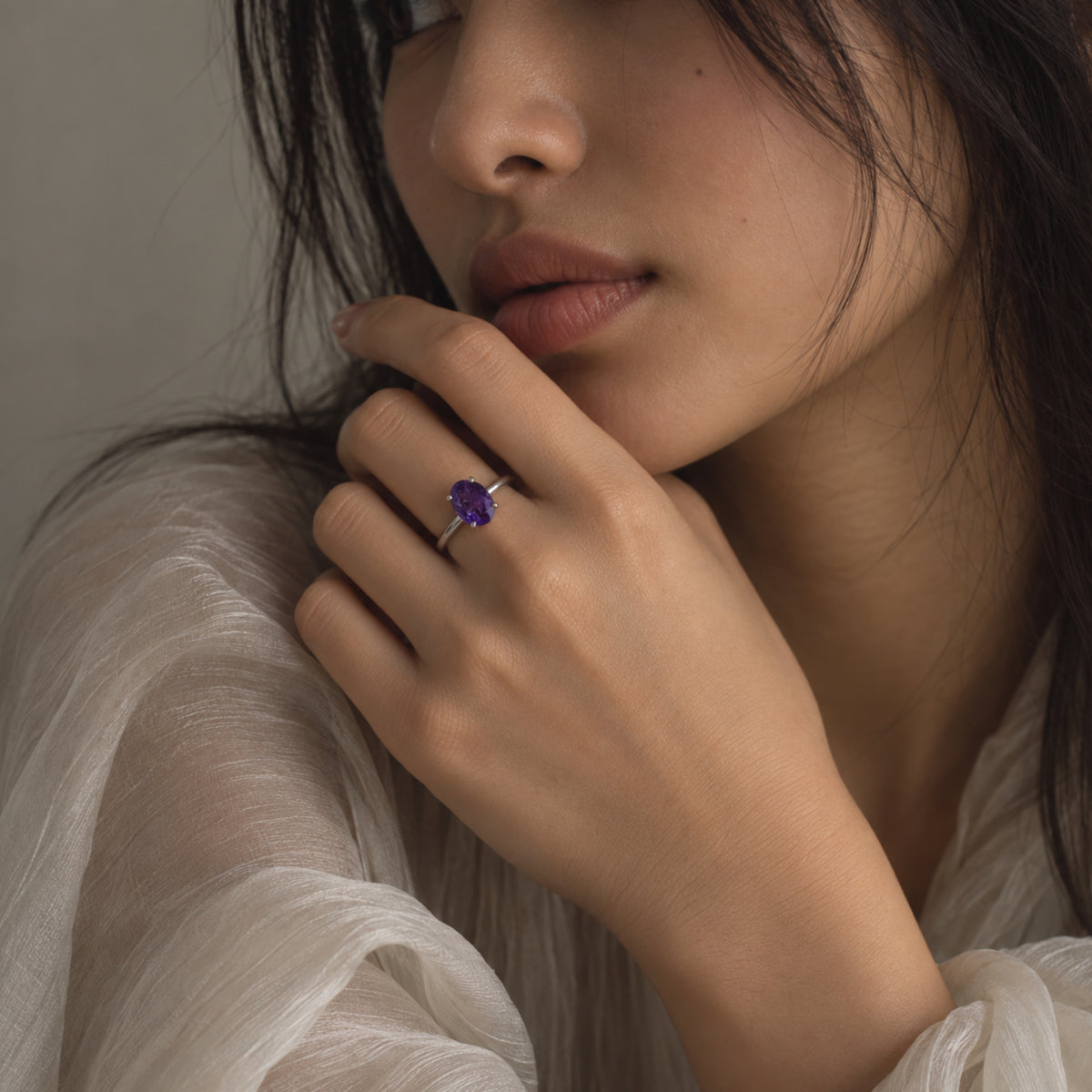 Amethyst Purple Round Gemstone Ring in Silver, Rhodium Plated