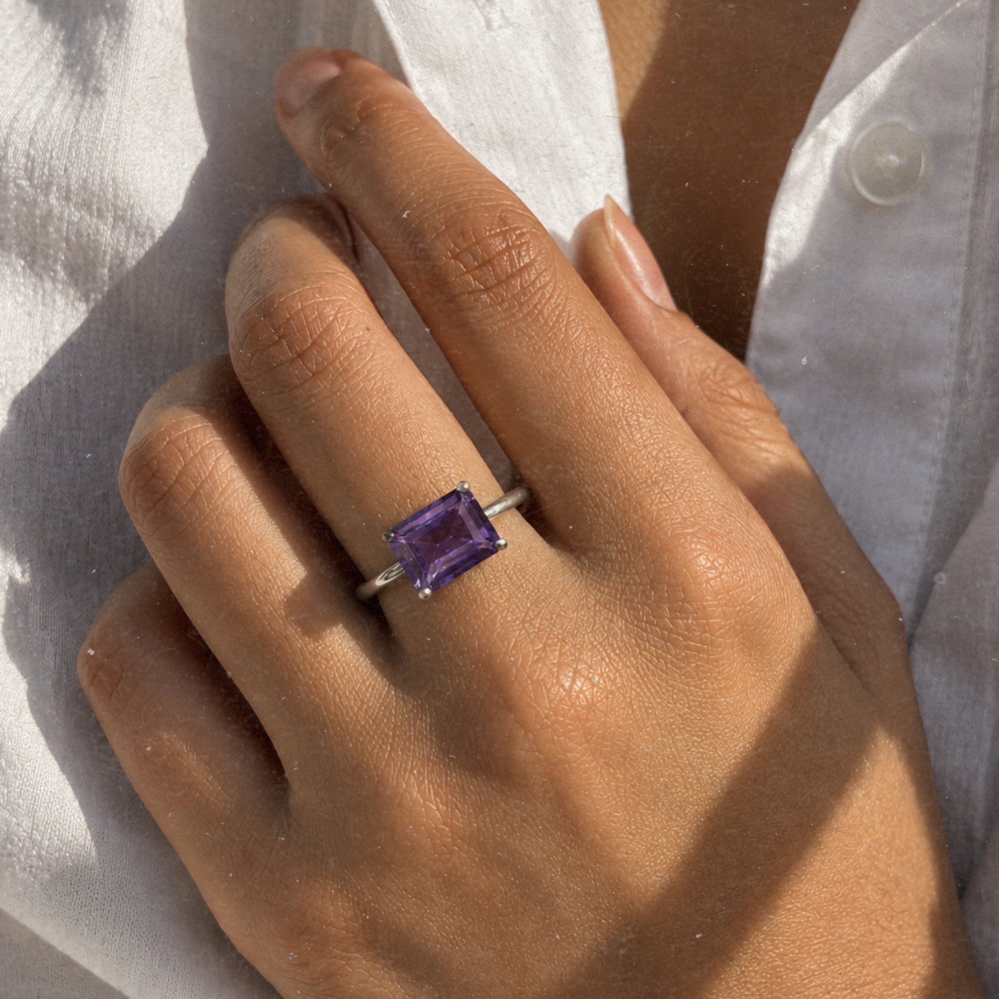 Amethyst Purple, Mystic Topaz Octagon Gemstone Ring in Silver, Rhodium Plated