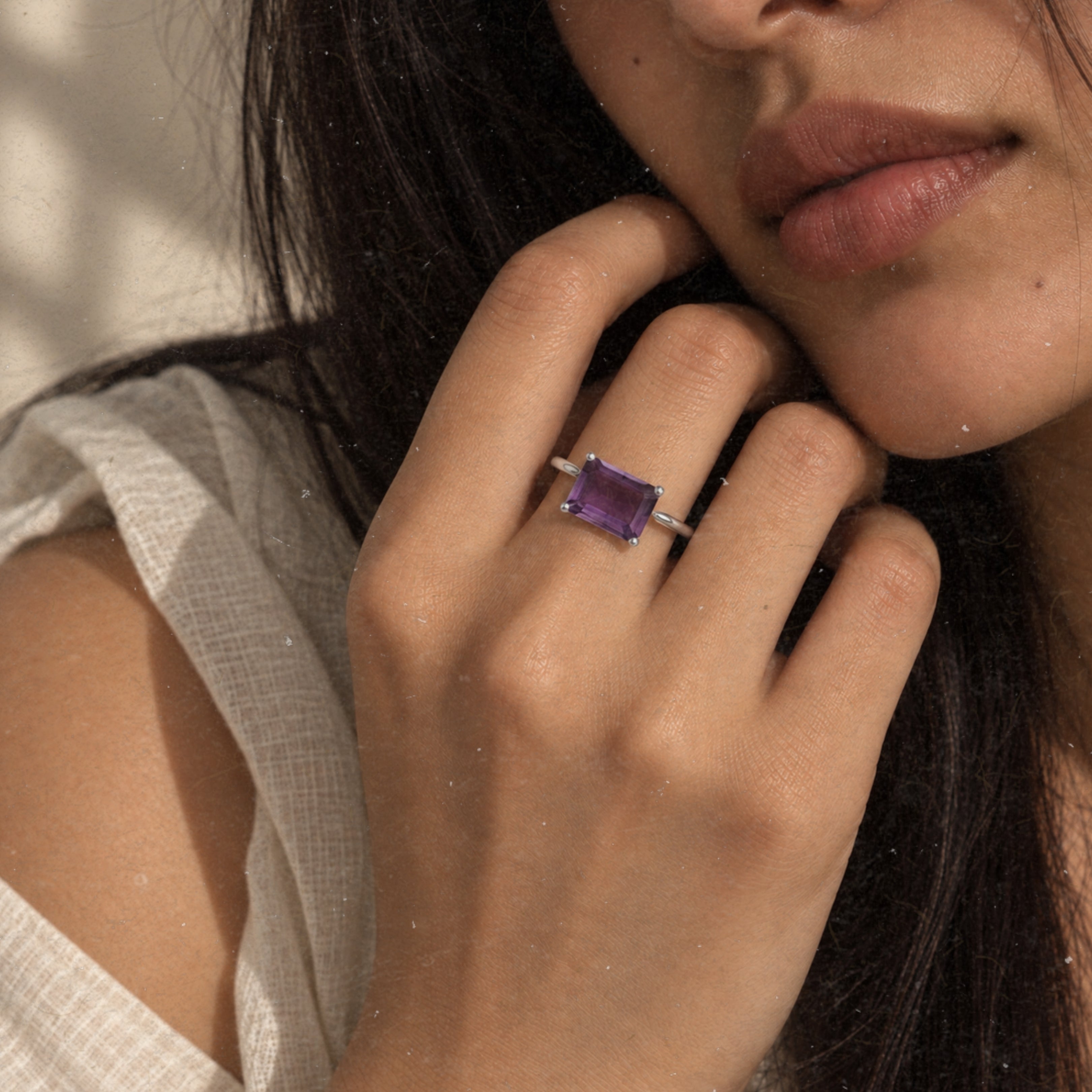 Amethyst Purple, Mystic Topaz Octagon Gemstone Ring in Silver, Rhodium Plated