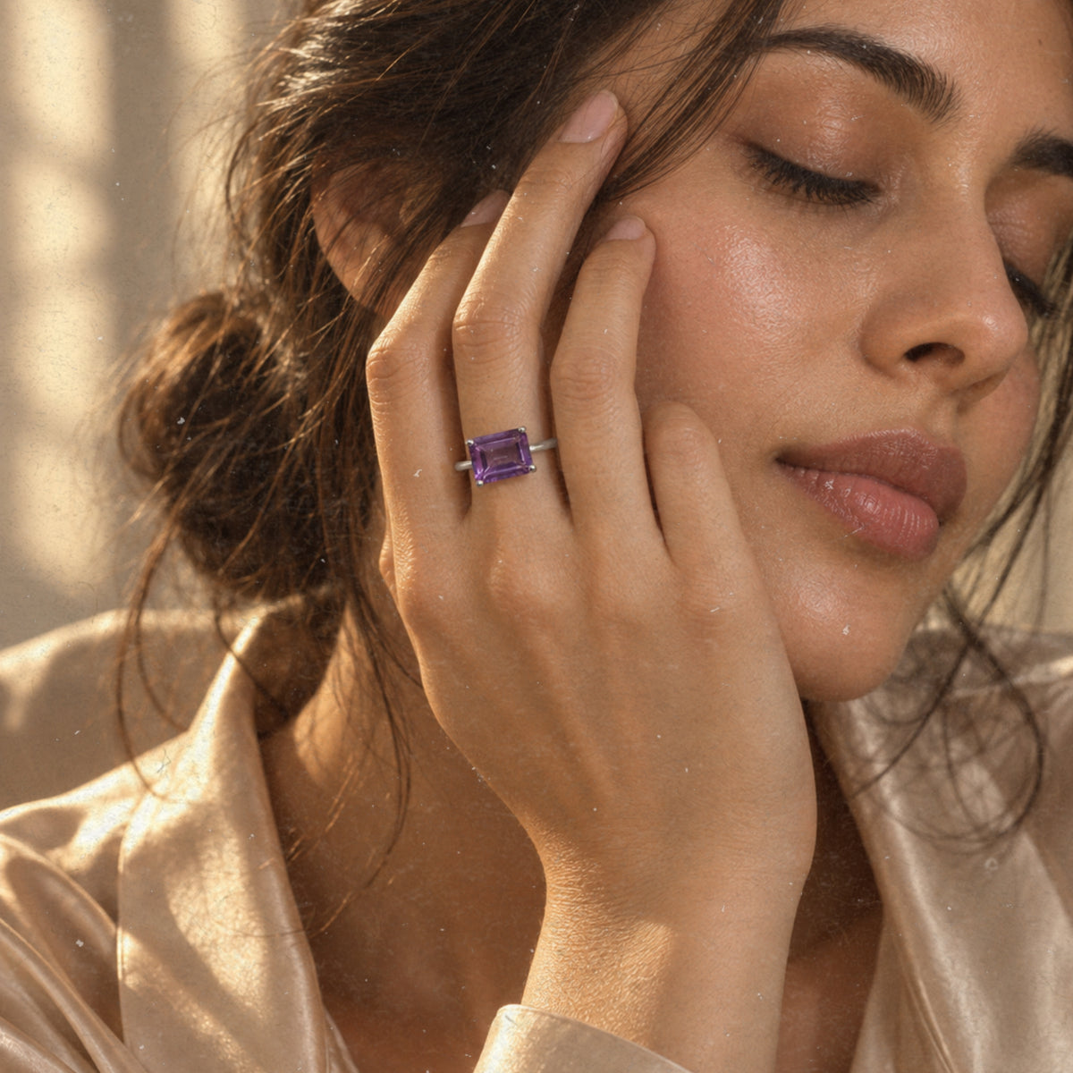 Amethyst Purple, Mystic Topaz Octagon Gemstone Ring in Silver, Rhodium Plated