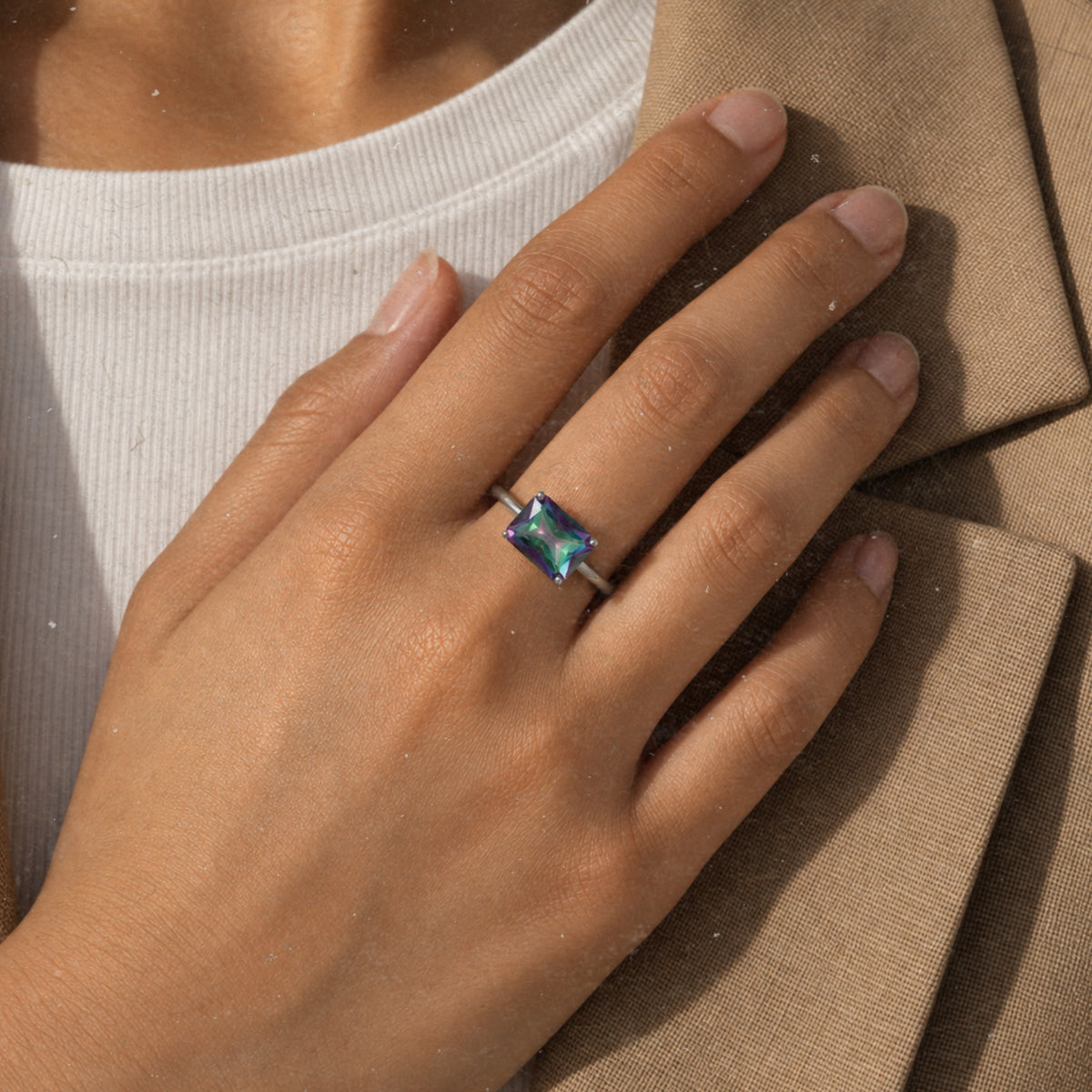Amethyst Purple, Mystic Topaz Octagon Gemstone Ring in Silver, Rhodium Plated
