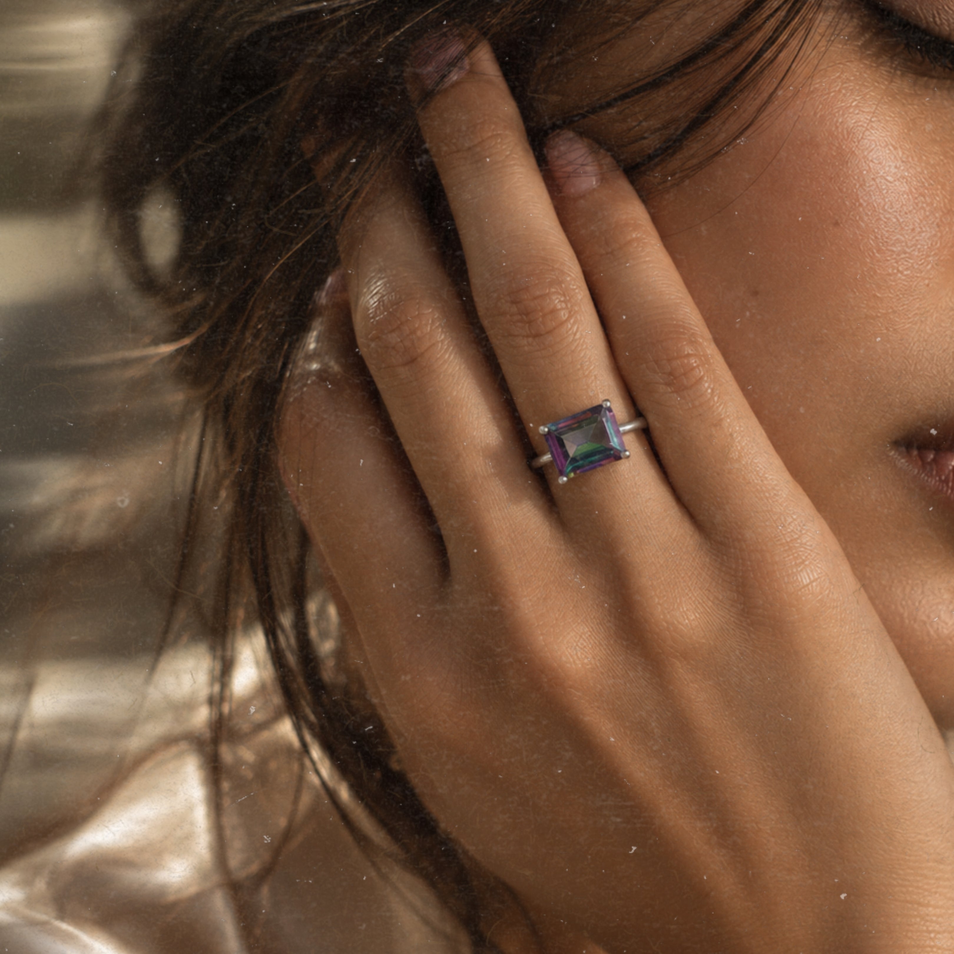 Amethyst Purple, Mystic Topaz Octagon Gemstone Ring in Silver, Rhodium Plated