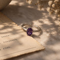 Amethyst Purple Round Gemstone Ring in Silver, Rhodium Plated