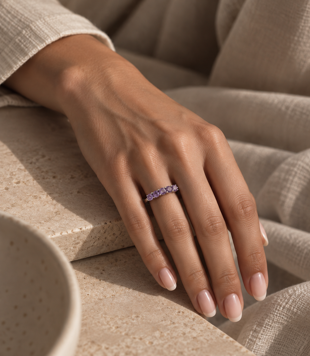 Green Onyx, Amethyst Purple, Moissanite White, Sky Blue Topaz, Tourmaline Pink Round Gemstone Ring in Silver, Rhodium Plated