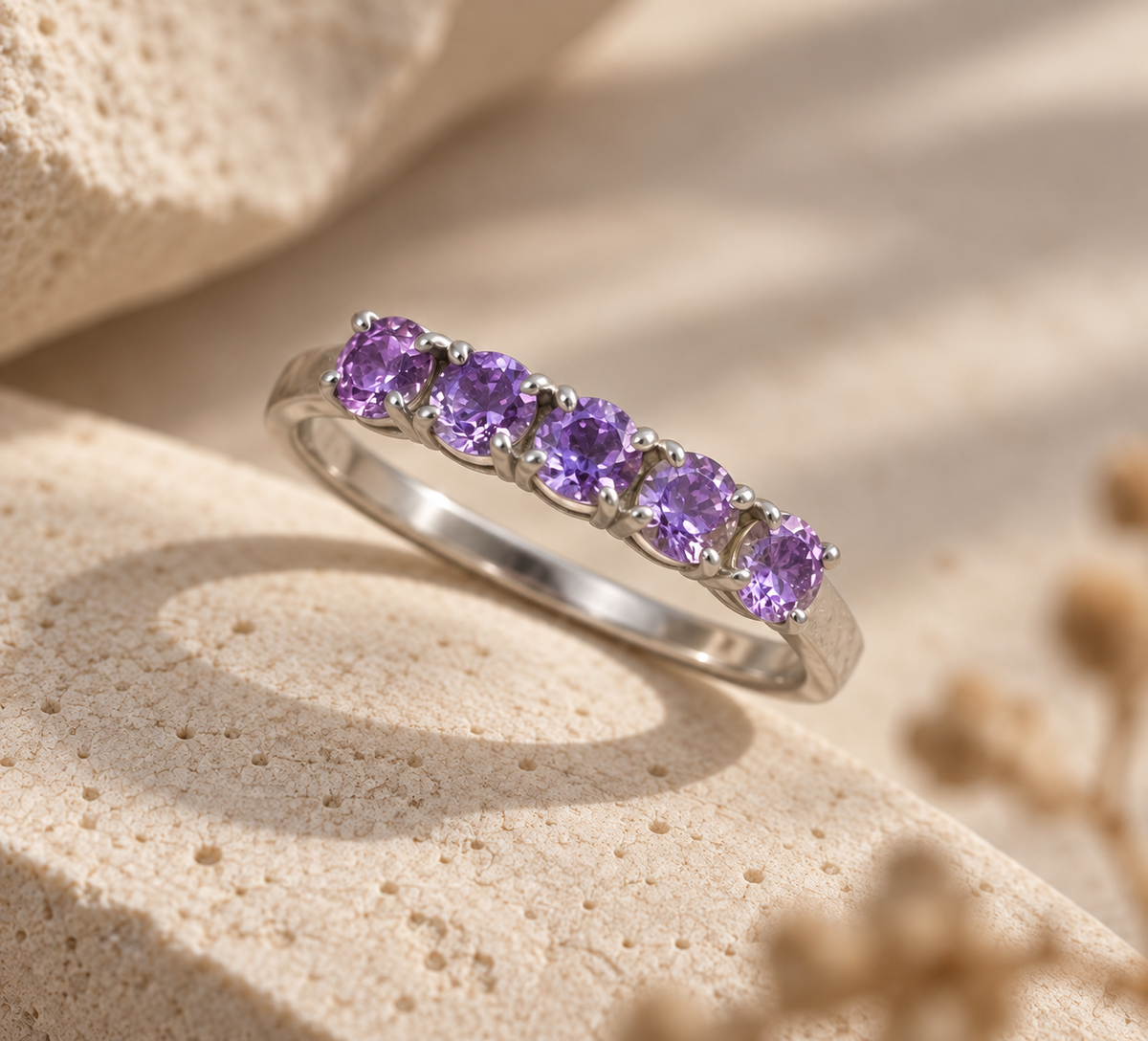Green Onyx, Amethyst Purple, Moissanite White, Sky Blue Topaz, Tourmaline Pink Round Gemstone Ring in Silver, Rhodium Plated