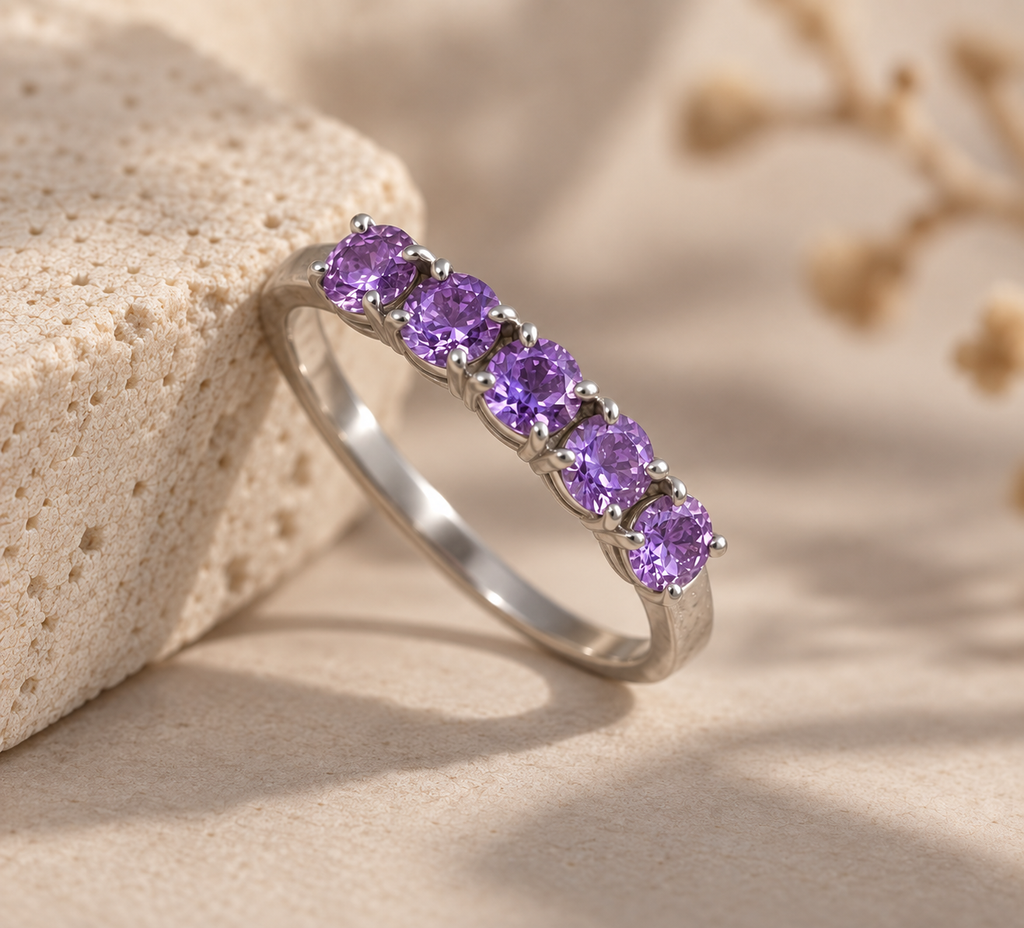 Green Onyx, Amethyst Purple, Moissanite White, Sky Blue Topaz, Tourmaline Pink Round Gemstone Ring in Silver, Rhodium Plated