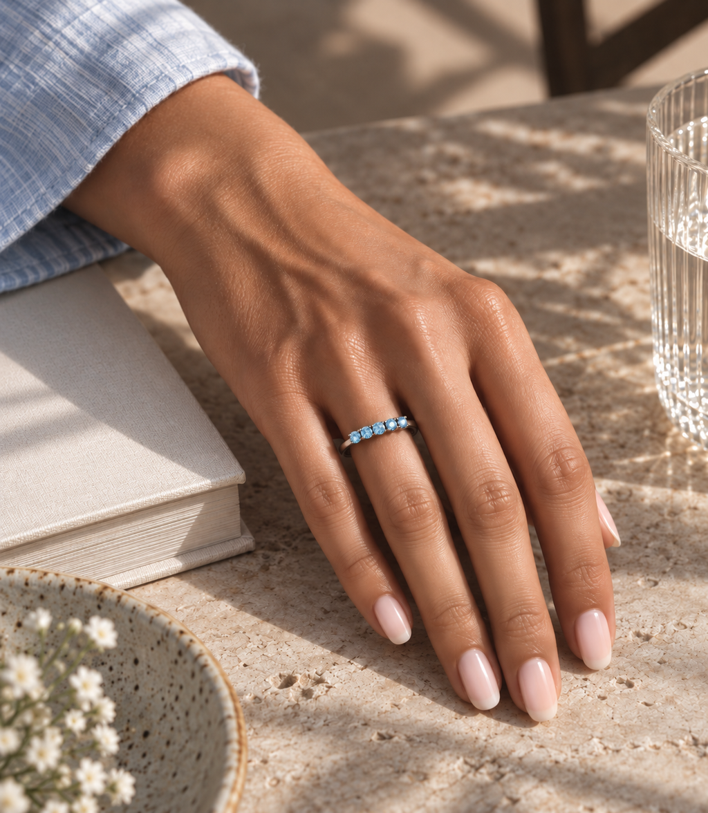 Green Onyx, Amethyst Purple, Moissanite White, Sky Blue Topaz, Tourmaline Pink Round Gemstone Ring in Silver, Rhodium Plated