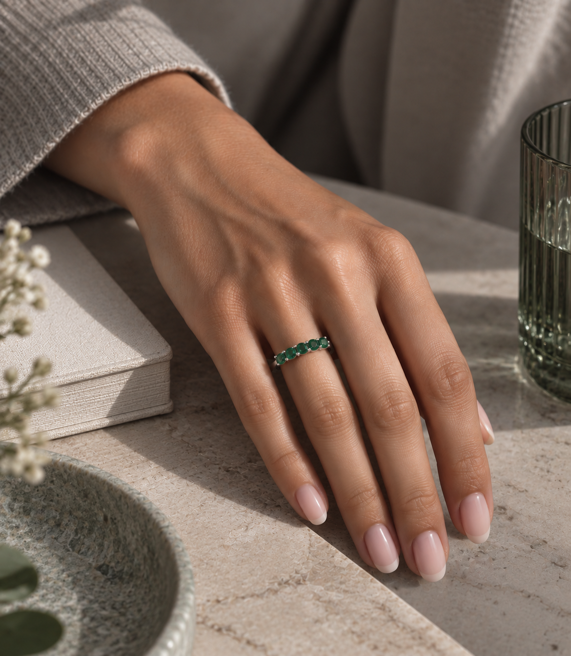 Green Onyx, Amethyst Purple, Moissanite White, Sky Blue Topaz, Tourmaline Pink Round Gemstone Ring in Silver, Rhodium Plated