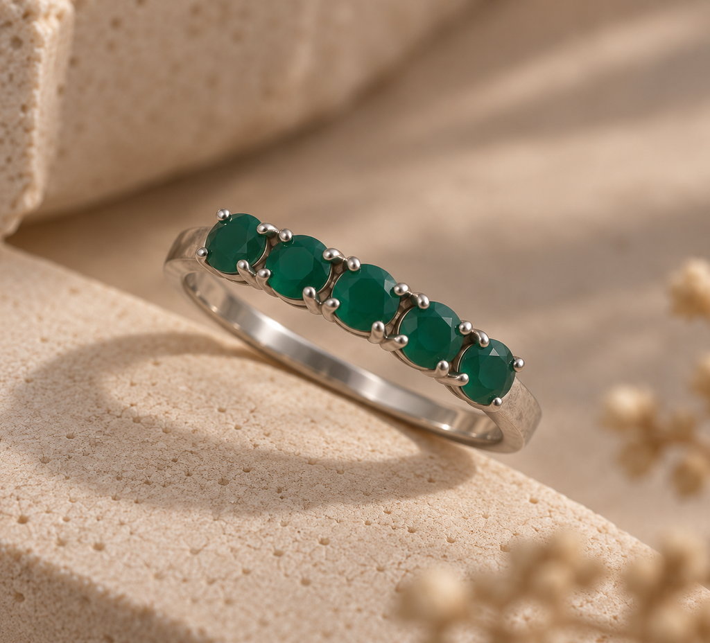 Green Onyx, Amethyst Purple, Moissanite White, Sky Blue Topaz, Tourmaline Pink Round Gemstone Ring in Silver, Rhodium Plated