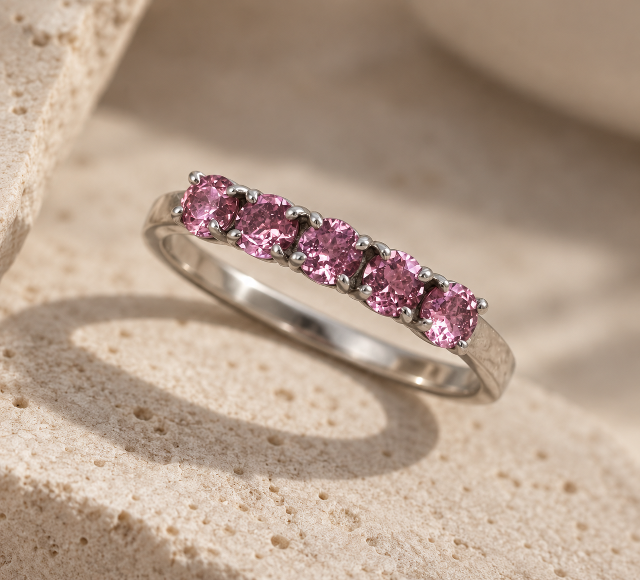 Green Onyx, Amethyst Purple, Moissanite White, Sky Blue Topaz, Tourmaline Pink Round Gemstone Ring in Silver, Rhodium Plated